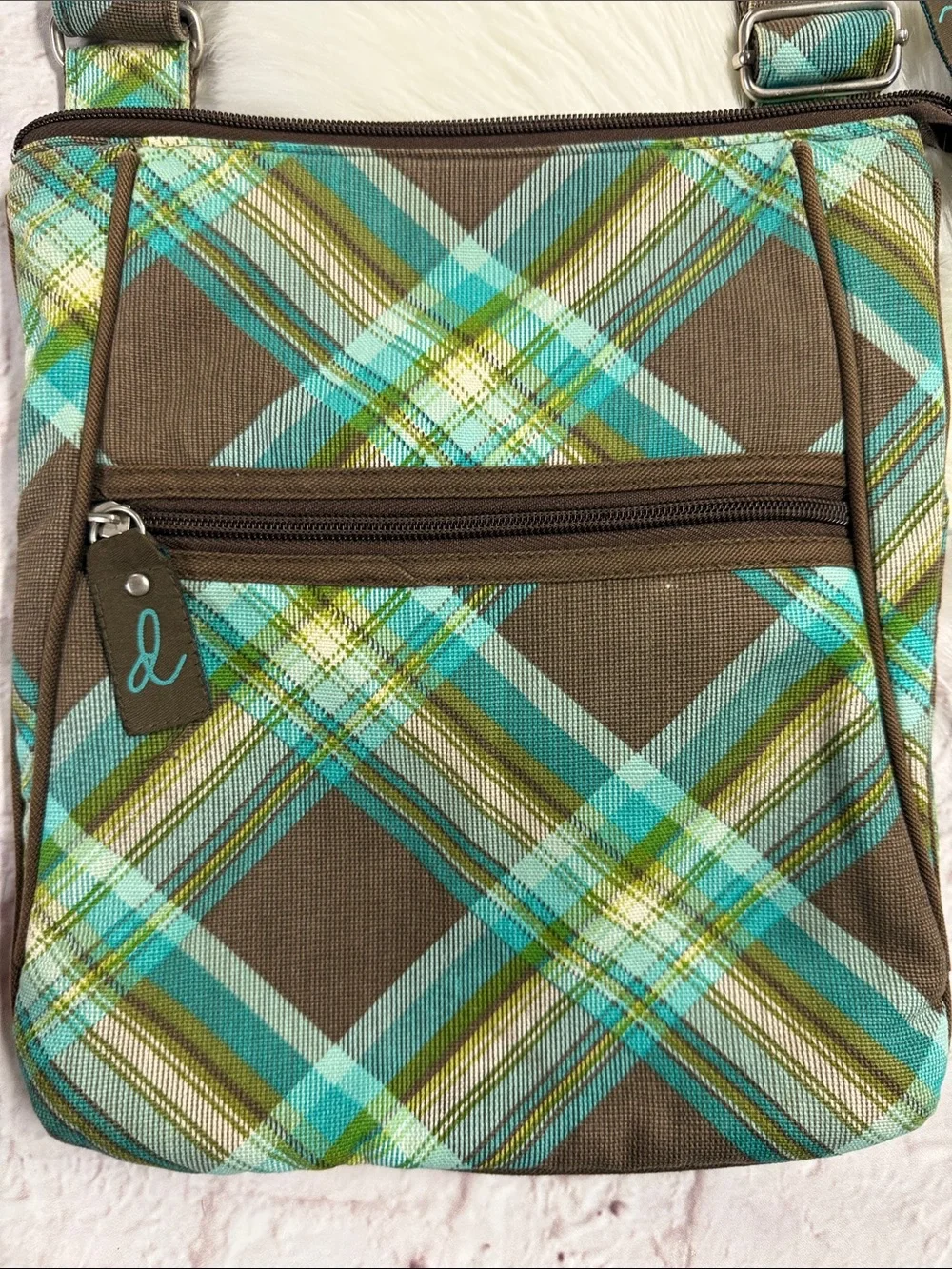 Thirty-one Brown Plaid Crossbody with Teal and Brown Accents
